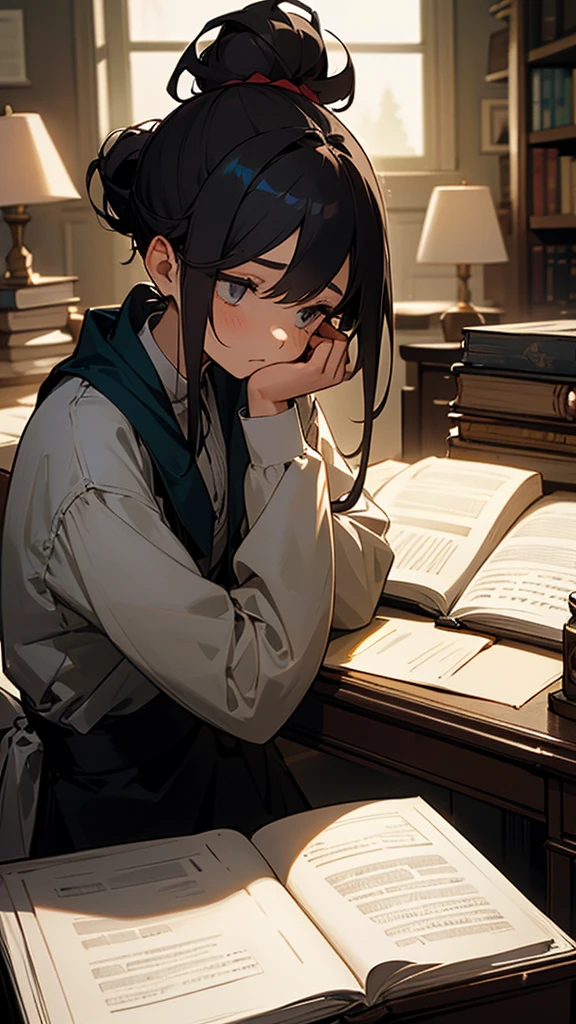 "A young woman studies late at night in a dimly lit room. Her hair is tied up in a messy bun, and she holds a pencil in her hand as she focuses intently on her work. She’s surrounded by open books and notes spread out on the desk. The soft glow of a desk lamp casts shadows, creating a serene and studious atmosphere. Her expression is one of concentration and determination, reflecting the quiet intensity of her study session."