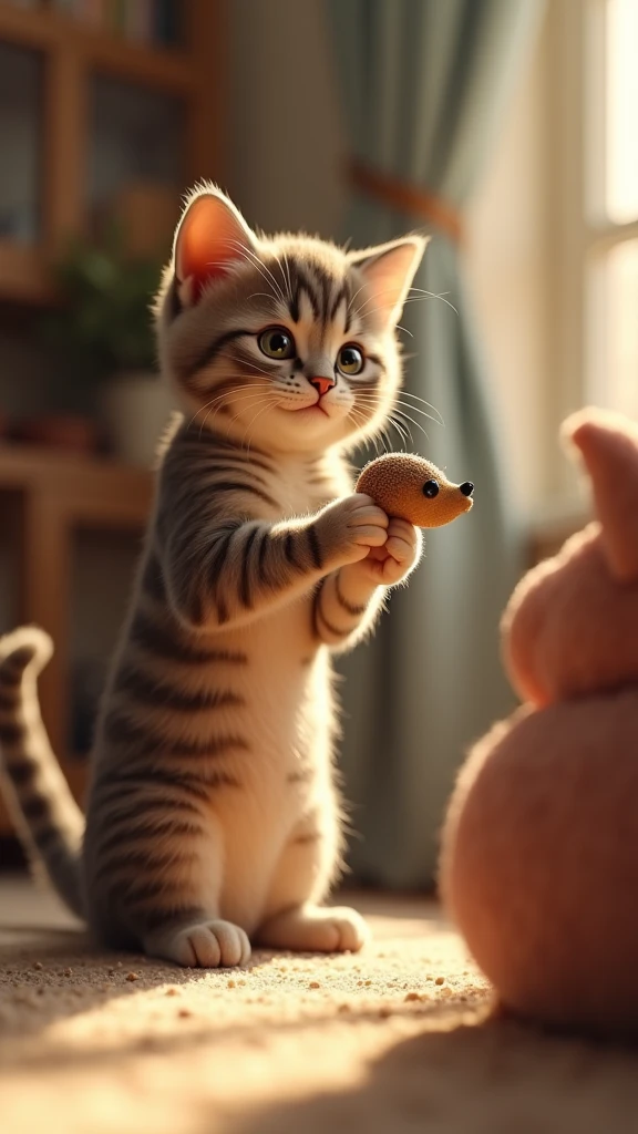 A scene of a cat proudly placing a small toy in front of its owner, looking up with satisfaction. The cat is offering a little gift to its favorite person, as if to say, “Look at this!” with a sense of pride.
