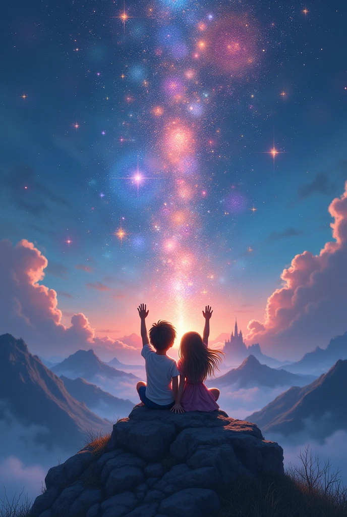Create an image of two young people sitting on the top of a mountain, both looking at the horizon, the boy and the girl raising their opposite hands, seeing beautiful star particles of different colors, and in the background of the blurred space, put a dragon., a castle and a giant
