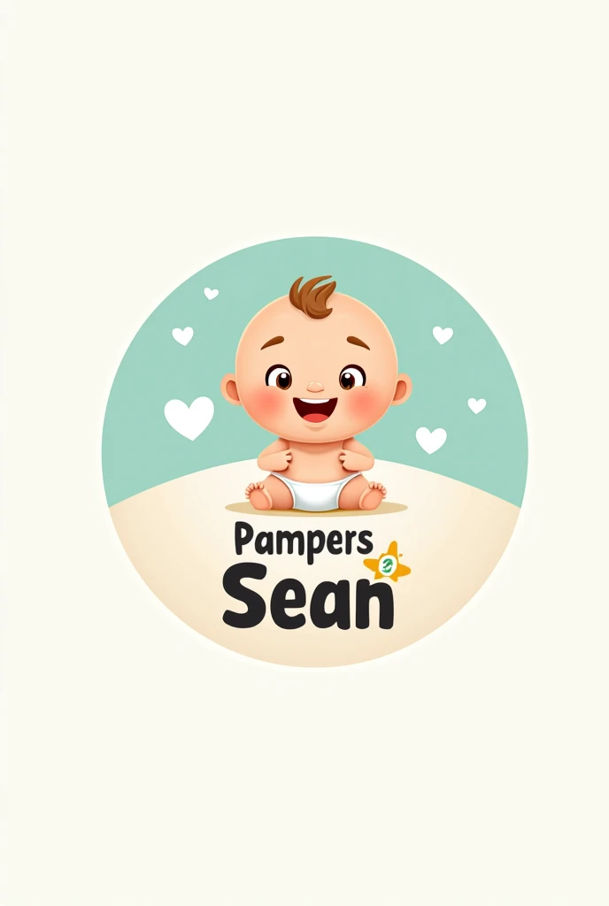 Create a logo for a pampers company that says "pampers SEAN" and in the center there is a  in a diaper, and the logo is circular 