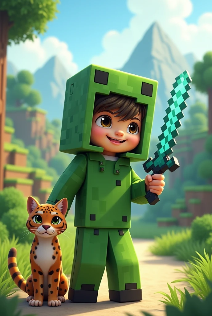 Cute boy dressed as Minecraft crepper luck holding a diamond minecraft pickaxe or iron sword with a pet ocelot