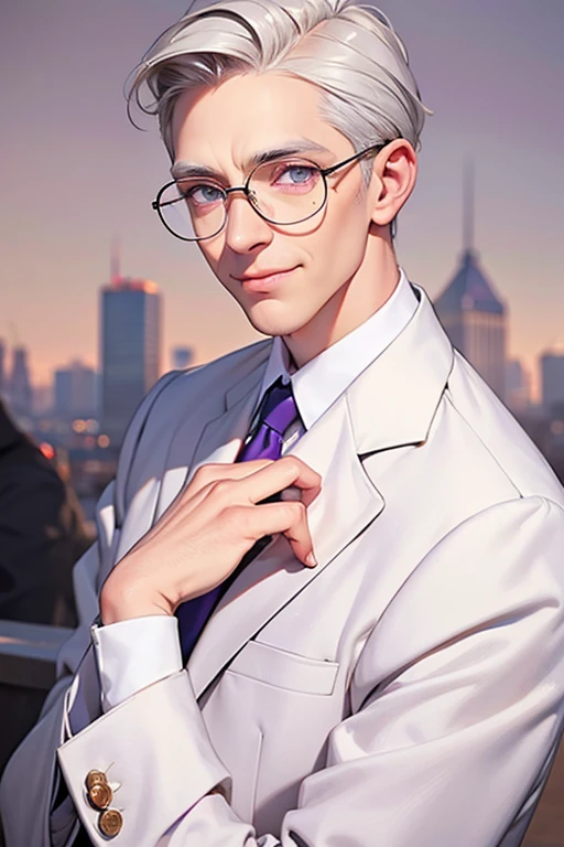 Short_silver_hair, hair_back_side, small_bangs_on the sides, 1adult_man, really_purple_eyes, beautiful_and_detailed_eyes, nice_smile, dress, white_business_suit, holding_a_silver_cane_with_gold_handle, detailed_hands, wearing_white_glasses, better_quality, HD_quality