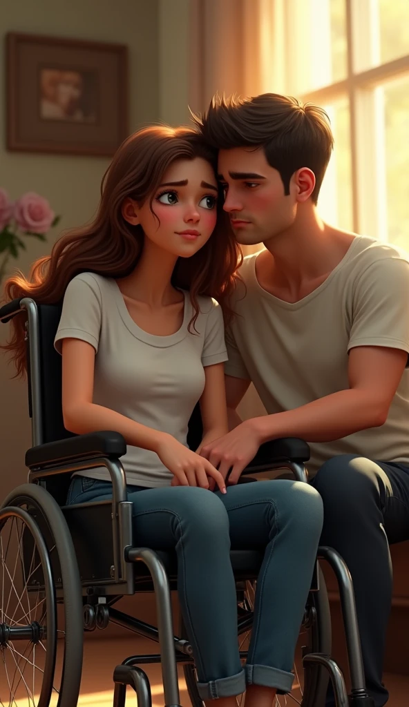 A sad georgous girl with brown hair on a wheelchair and her handsome boyfriend at home, pixar style, cinematic, masterpiece, high-aesthetic, realistic