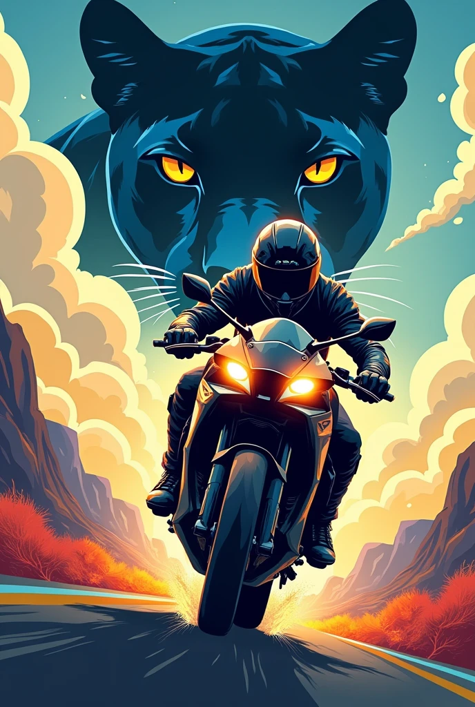 Create a logo for a YouTube channel that is on board a motorcycle on the road while in the sky you can see the eyes of a panther