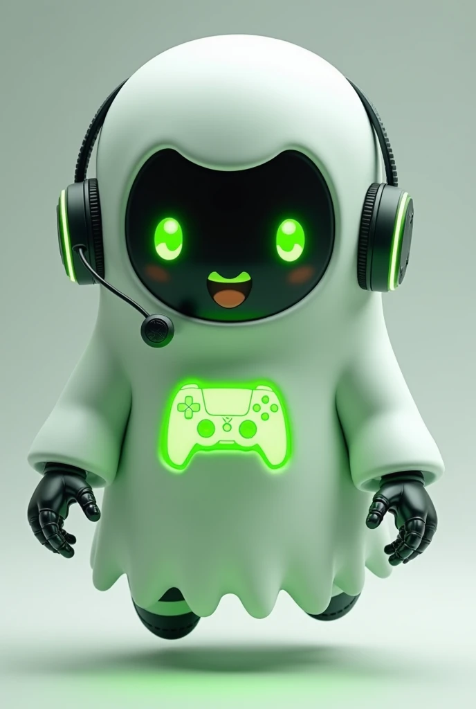 Create a medium-sized robot pet with a ghost-like appearance. With slightly rounded shapes resembling a drop. On your hands you have well defined fingers. His facial expression has large, green eyes with a glow, conveying a friendly and cheerful expression. He has a small open mouth with a happy smile and flushed cheeks.. Its body is white with small green details and a smooth, slightly shiny texture.. He has a headset on his head with an adjustable microphone positioned close to his mouth.. And on his chest you can see the illuminated shape of a Playstation 5 controller in fluorescent green.. It floats in the air, as if he were ready for an adventure. Behind the character you can see a portal and on it is written "Soul Gamer"