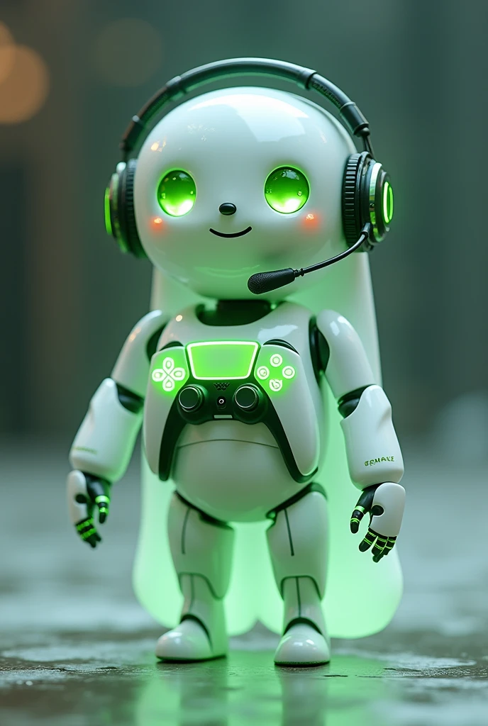Create a medium-sized robot pet with a ghost-like appearance. With slightly rounded shapes resembling a drop. On your hands you have well defined fingers. His facial expression has large, green eyes with a glow, conveying a friendly and cheerful expression. He has a small open mouth with a happy smile and flushed cheeks.. Its body is white with small green details and a smooth, slightly shiny texture.. He has a headset on his head with an adjustable microphone positioned close to his mouth.. And on his chest you can see the illuminated shape of a Playstation 5 controller in fluorescent green.. It floats in the air, as if he were ready for an adventure. Behind the character you can see a portal and on it is written "Soul Gamer"