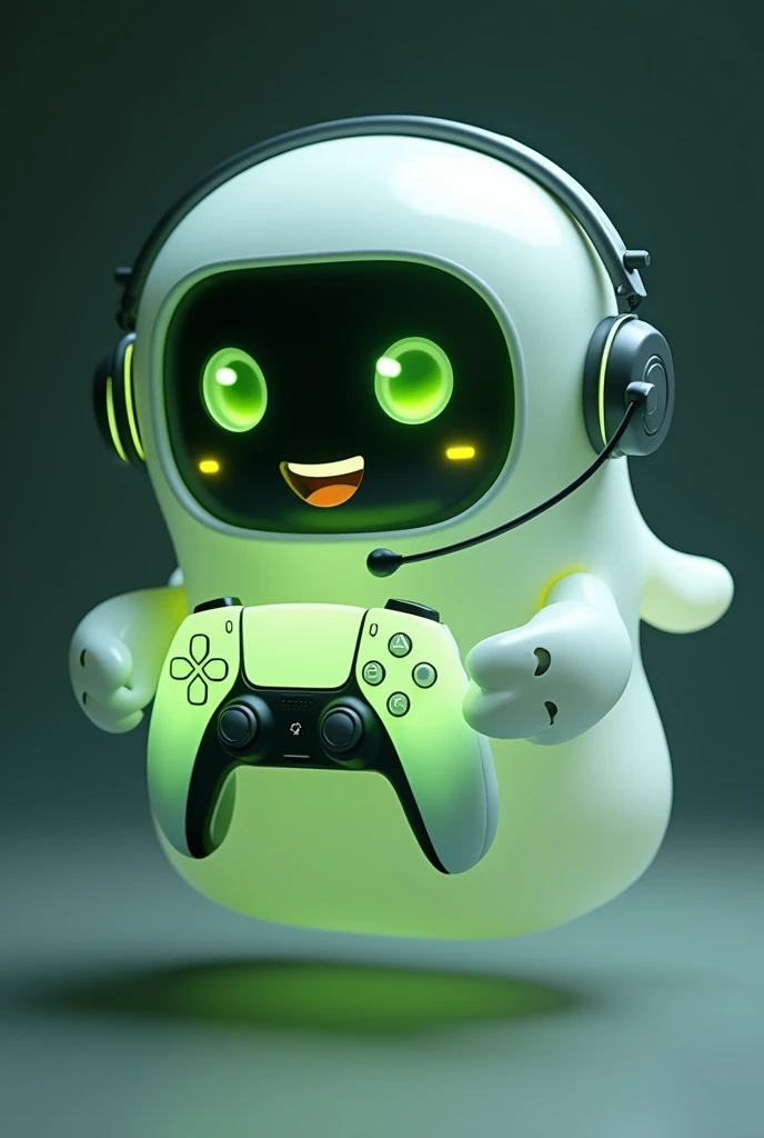 Create a medium-sized robot pet with a ghost-like appearance. With slightly rounded shapes resembling a drop. On your hands you have well defined fingers. His facial expression has large, green eyes with a glow, conveying a friendly and cheerful expression. He has a small open mouth with a happy smile and flushed cheeks.. Its body is white with small green details and a smooth, slightly shiny texture.. He has a headset on his head with an adjustable microphone positioned close to his mouth.. And on his chest you can see the illuminated shape of a Playstation 5 controller in fluorescent green.. It floats in the air, as if he were ready for an adventure. Behind the character you can see a portal and on it is written "Soul Gamer"
