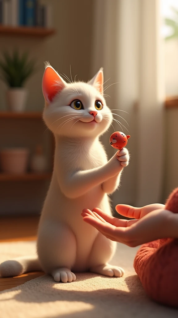 A scene of a cat proudly placing a small toy in front of its owner, looking up with satisfaction. The cat is offering a little gift to its favorite person, as if to say, “Look at this!” with a sense of pride.8k
