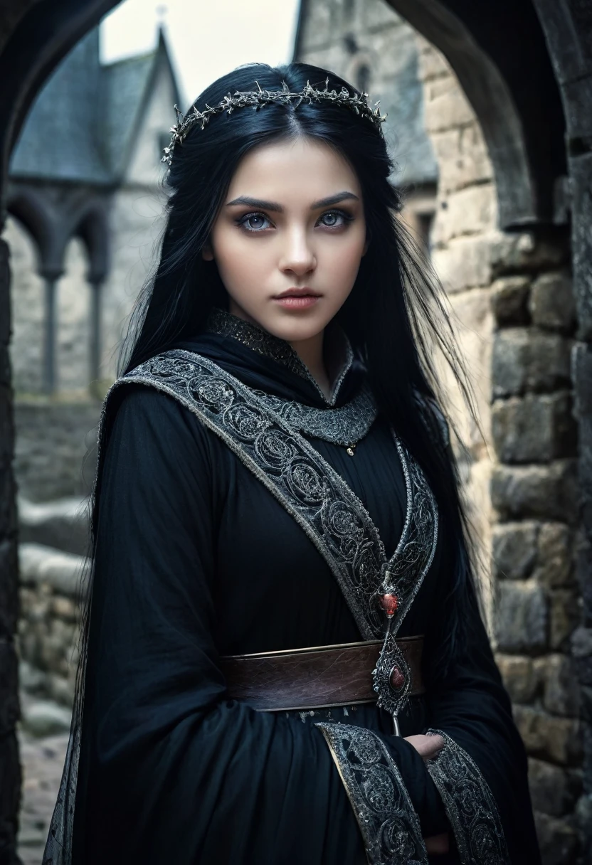 a beautiful 1 girl,1girl,cold gaze,straight black hair,fair skin,light eyes,medieval setting,cold atmosphere,detailed face,grainy filter,film photography,fairy tale,fantasy,dramatic lighting,dramatic pose,dramatic background,dramatic atmosphere,high quality,ultra-detailed,masterpiece,photorealistic