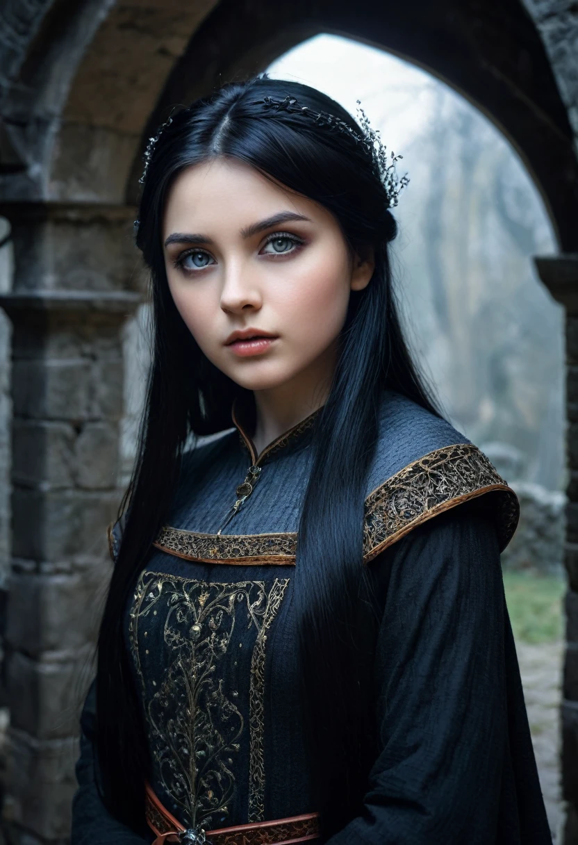 a beautiful 1 girl,1girl,cold gaze,straight black hair,fair skin,light eyes,medieval setting,cold atmosphere,detailed face,grainy filter,film photography,fairy tale,fantasy,dramatic lighting,dramatic pose,dramatic background,dramatic atmosphere,high quality,ultra-detailed,masterpiece,photorealistic