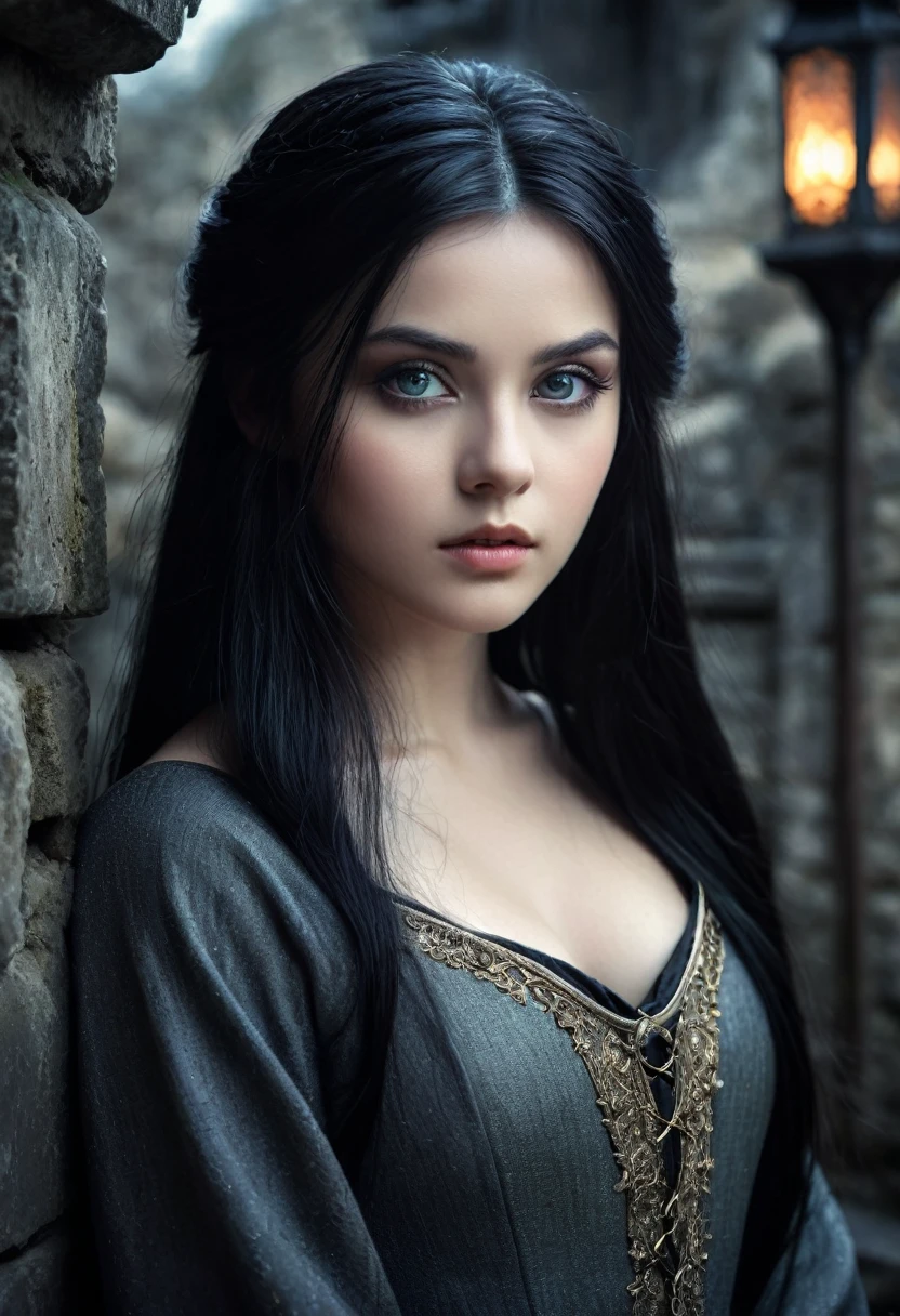a beautiful 1 girl,1girl,cold gaze,straight black hair,fair skin,light eyes,medieval setting,cold atmosphere,detailed face,grainy filter,film photography,fairy tale,fantasy,dramatic lighting,dramatic pose,dramatic background,dramatic atmosphere,high quality,ultra-detailed,masterpiece,photorealistic