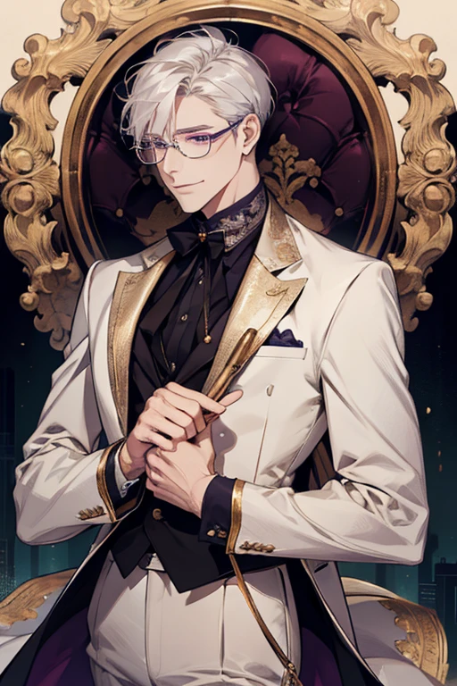 Short_silver_hair, hair_back_side, small_bangs_on the sides, 1adult_man, really_purple_eyes, beautiful_and_detailed_eyes, nice_smile, dress, white_business_suit, holding_a_silver_cane_with_gold_handle, detailed_hands, wearing_white_glasses, better_quality, HD_quality