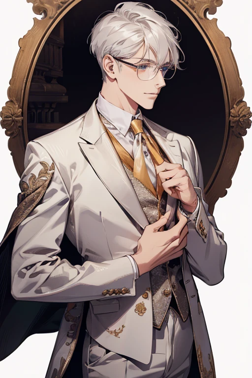 Short_silver_hair, hair_back_side, small_bangs_on the sides, 1adult_man, really_purple_eyes, beautiful_and_detailed_eyes, nice_smile, dress, white_business_suit, holding_a_silver_cane_with_gold_handle, detailed_hands, wearing_white_glasses, better_quality, HD_quality