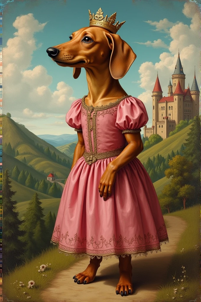 A medieval painting of a brown dachshund in a pink dress with a crown in a human body