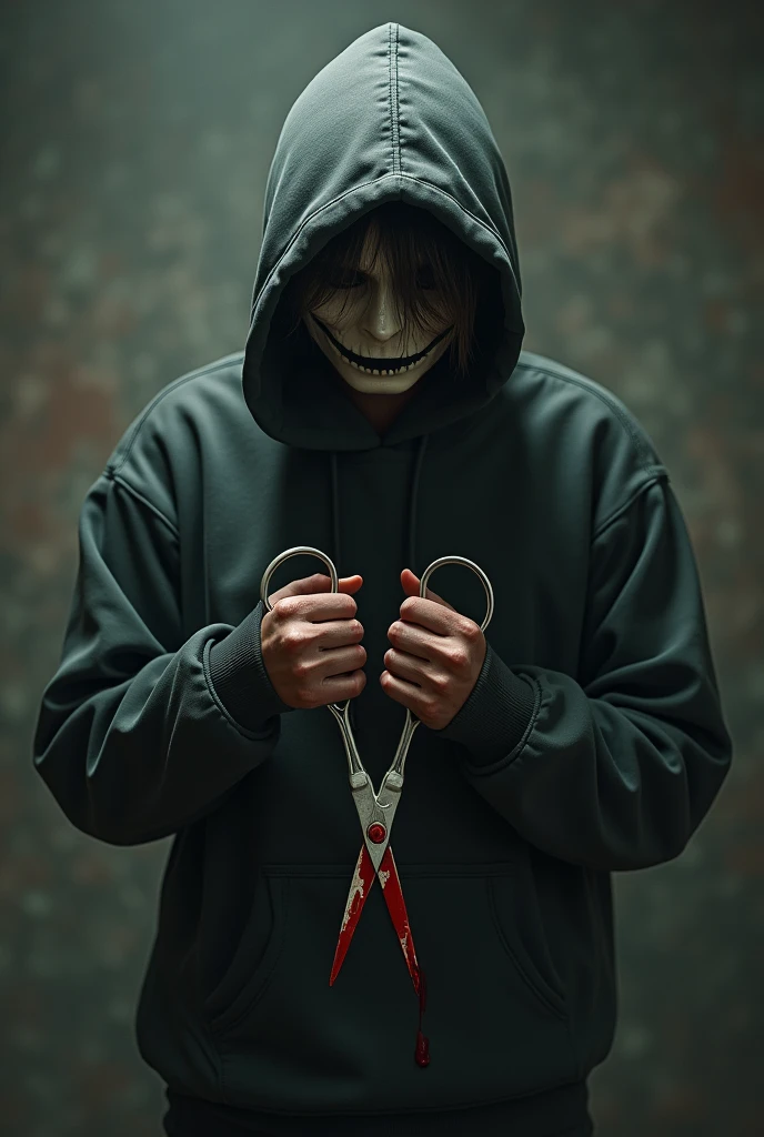 Terrifying hooded young man with a lead sweatshirt and a smiley face mask and with his hair covering half of his face with scissors covered in blood