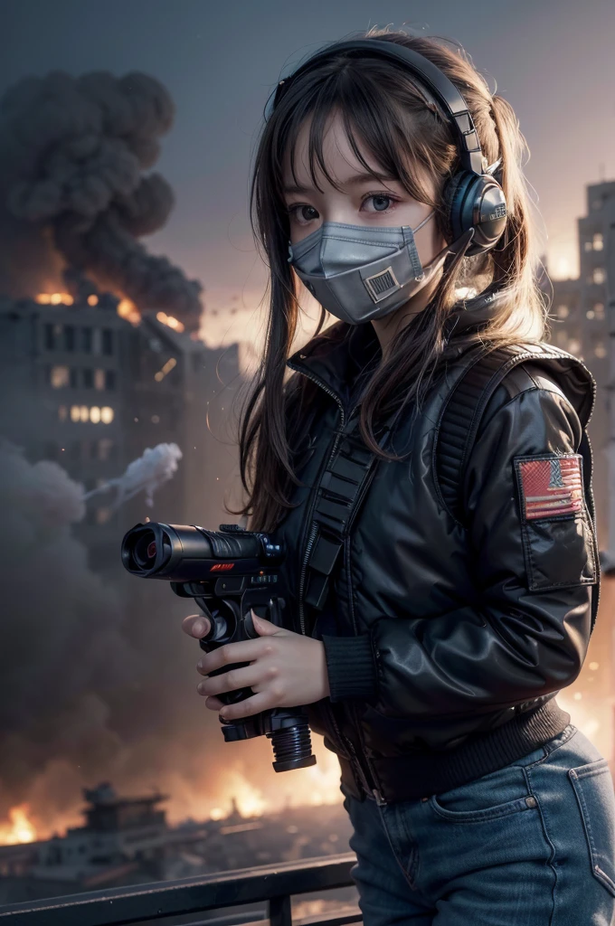 ((high qualiy)), ((work of art)), 8k, 2 little girls, bulletproof vest, lightrays, extremely detailed CG unity 8k wallpaper, CG game, looking ahead at viewer, mitts, booties, whole body, to attend, computer, mask, drone, holding gun, earbuds, jaket, (Destroyed city background , explosion , smoke