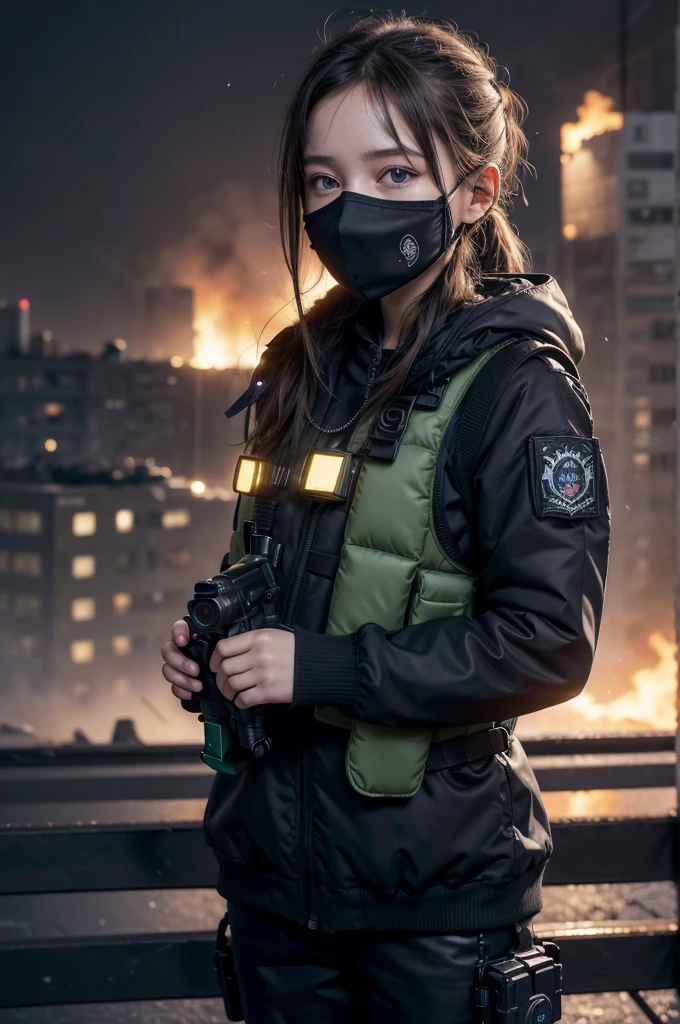 ((high qualiy)), ((work of art)), 8k, 2 girls, bulletproof vest, lightrays, extremely detailed CG unity 8k wallpaper, CG game, looking ahead at viewer, mitts, booties, whole body, to attend, computer, mask, drone, holding gun, earbuds, jaket, (Destroyed city background , explosion , smoke