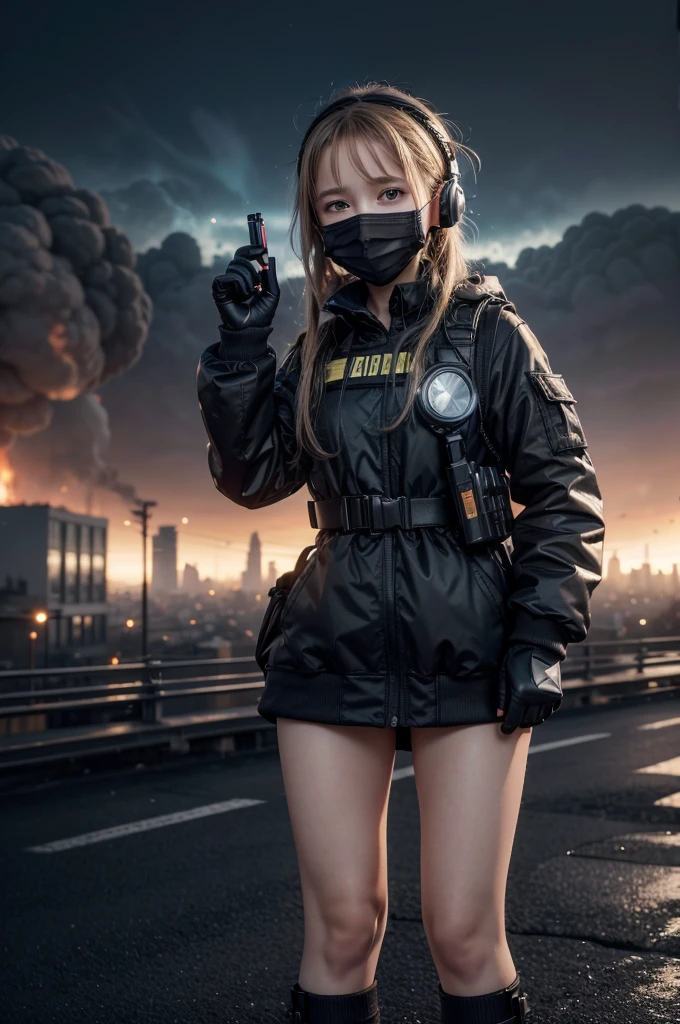 ((high qualiy)), ((work of art)), 8k, 2 little girls, bulletproof vest, lightrays, extremely detailed CG unity 8k wallpaper, CG game, looking ahead at viewer, mitts, booties, whole body, to attend, computer, mask, drone, holding gun, earbuds, jaket, (Destroyed city background , explosion , smoke