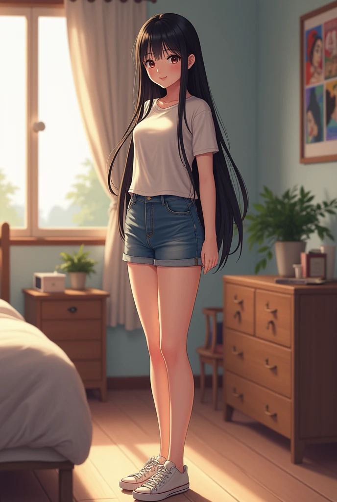 Une très jolie fille. Elle a un cheveux ???? et lisse, elle porte un t-shirt et un mini short et un tennis. Elle se trouve dans sa chambre