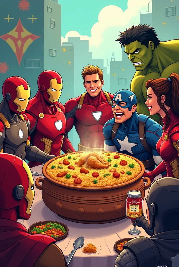 Generate a photo where all the main characters of avengers are sitting together and having matka Biryani. Write taj chicken biryani in middle of matka. Generate a cartoon theme . Write ( taj chicken biryani) in middle of Biryani and ad chicken in biryani too.