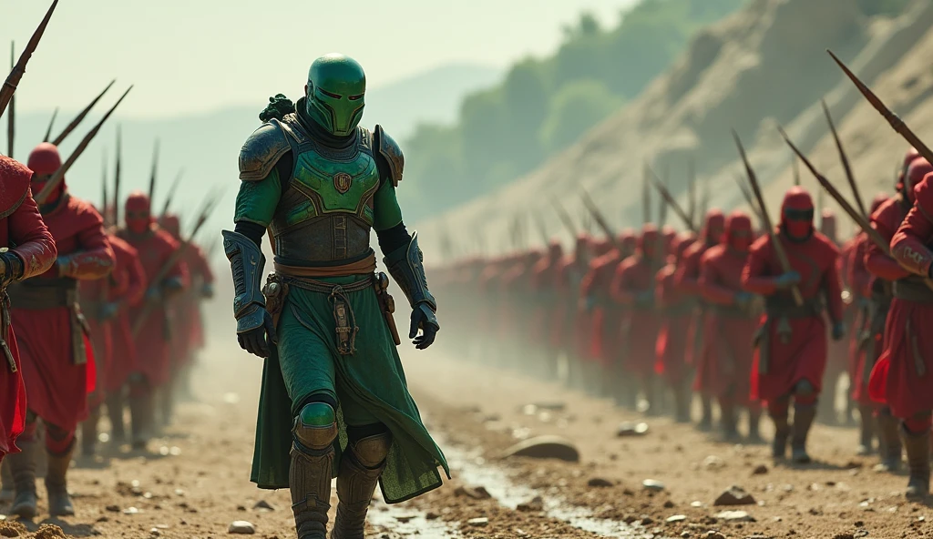 A men which are weared green + black battle suit and he fight with many red suit army near a samaal river