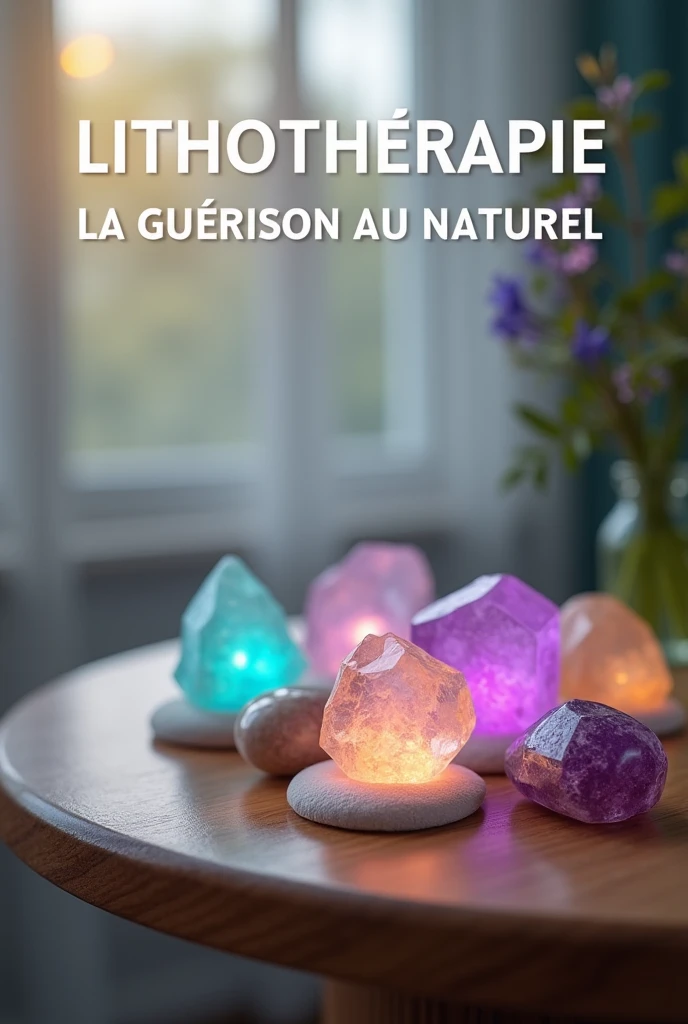 Create an ultra-realistic, serene image that embodies the essence of lithotherapy. The scene features a tranquil setting with a smooth, polished wooden table on which various healing crystals and gemstones are carefully arranged. Each stone glows softly with its unique energy, with colors ranging from deep amethyst purples to soft rose quartz pinks, and vibrant turquoise blues. Surrounding the stones, delicate wisps of light or aura-like glows symbolize their healing properties. In the background, soft, diffused natural light filters through sheer curtains, creating a peaceful atmosphere.
**Ensure that the text "LITHOTHÉRAPIE : LA GUÉRISON AU NATUREL" is prominently displayed across the top of the image.** The text should be in all capital letters, using a bold, sans-serif font for maximum clarity. Choose a bright white or light beige color for the text, with a strong, dark outline or shadow to make it stand out distinctly against any background. Center the text in the image, and make sure it is large enough to be immediately noticeable and readable.
The overall composition should focus on both the beauty of the stones and the clear, impactful display of the text, creating a harmonious yet informative visual that conveys the calming and healing properties of lithotherapy.