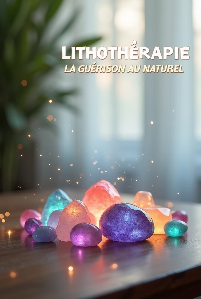 Create an ultra-realistic, serene image that embodies the essence of lithotherapy. The scene features a tranquil setting with a smooth, polished wooden table on which various healing crystals and gemstones are carefully arranged. Each stone glows softly with its unique energy, with colors ranging from deep amethyst purples to soft rose quartz pinks, and vibrant turquoise blues. Surrounding the stones, delicate wisps of light or aura-like glows symbolize their healing properties. In the background, soft, diffused natural light filters through sheer curtains, creating a peaceful atmosphere.
**Ensure that the text "LITHOTHÉRAPIE : LA GUÉRISON AU NATUREL" is prominently displayed across the top of the image.** The text should be in all capital letters, using a bold, sans-serif font for maximum clarity. Choose a bright white or light beige color for the text, with a strong, dark outline or shadow to make it stand out distinctly against any background. Center the text in the image, and make sure it is large enough to be immediately noticeable and readable.
The overall composition should focus on both the beauty of the stones and the clear, impactful display of the text, creating a harmonious yet informative visual that conveys the calming and healing properties of lithotherapy.