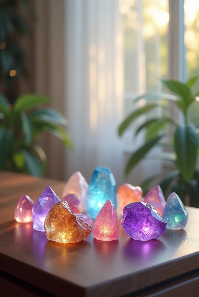 Create an ultra-realistic, serene image that embodies the essence of lithotherapy. The scene features a tranquil setting with a smooth, polished wooden table on which various healing crystals and gemstones are carefully arranged. Each stone glows softly with its unique energy, with colors ranging from deep amethyst purples to soft rose quartz pinks, and vibrant turquoise blues. Surrounding the stones, delicate wisps of light or aura-like glows symbolize their healing properties. In the background, soft, diffused natural light filters through sheer curtains, creating a peaceful atmosphere.
**Ensure that the text "LITHOTHÉRAPIE : LA GUÉRISON AU NATUREL" is prominently displayed across the top of the image.** The text should be in all capital letters, using a bold, sans-serif font for maximum clarity. Choose a bright white or light beige color for the text, with a strong, dark outline or shadow to make it stand out distinctly against any background. Center the text in the image, and make sure it is large enough to be immediately noticeable and readable.
The overall composition should focus on both the beauty of the stones and the clear, impactful display of the text, creating a harmonious yet informative visual that conveys the calming and healing properties of lithotherapy.