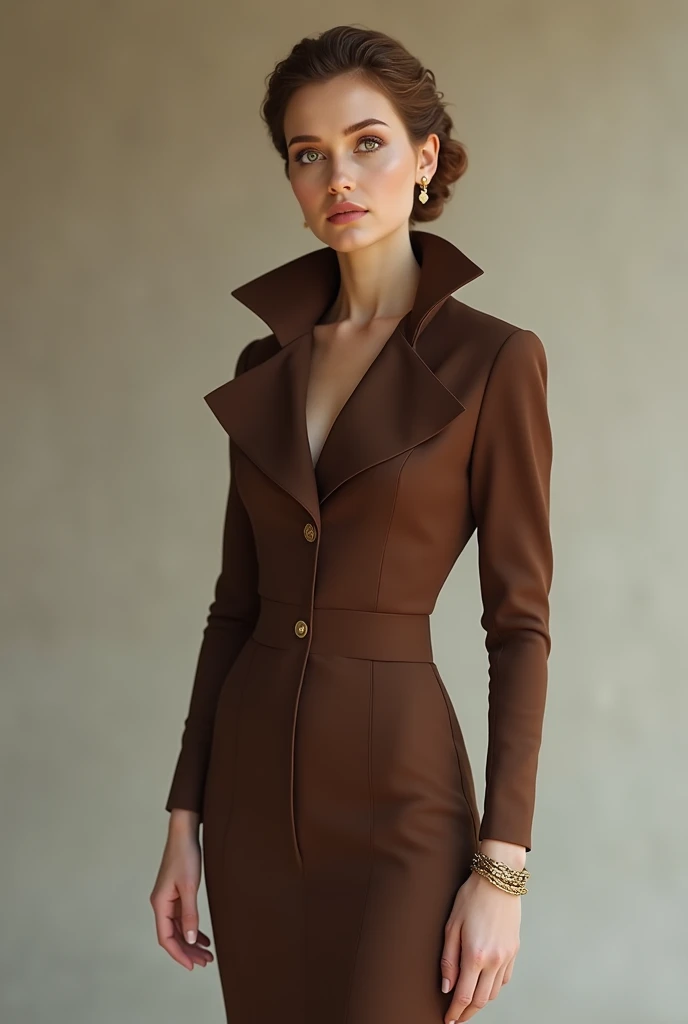 European woman model wearing brown dress with collar joined by two pieces of fabric and separate bracelet with boots