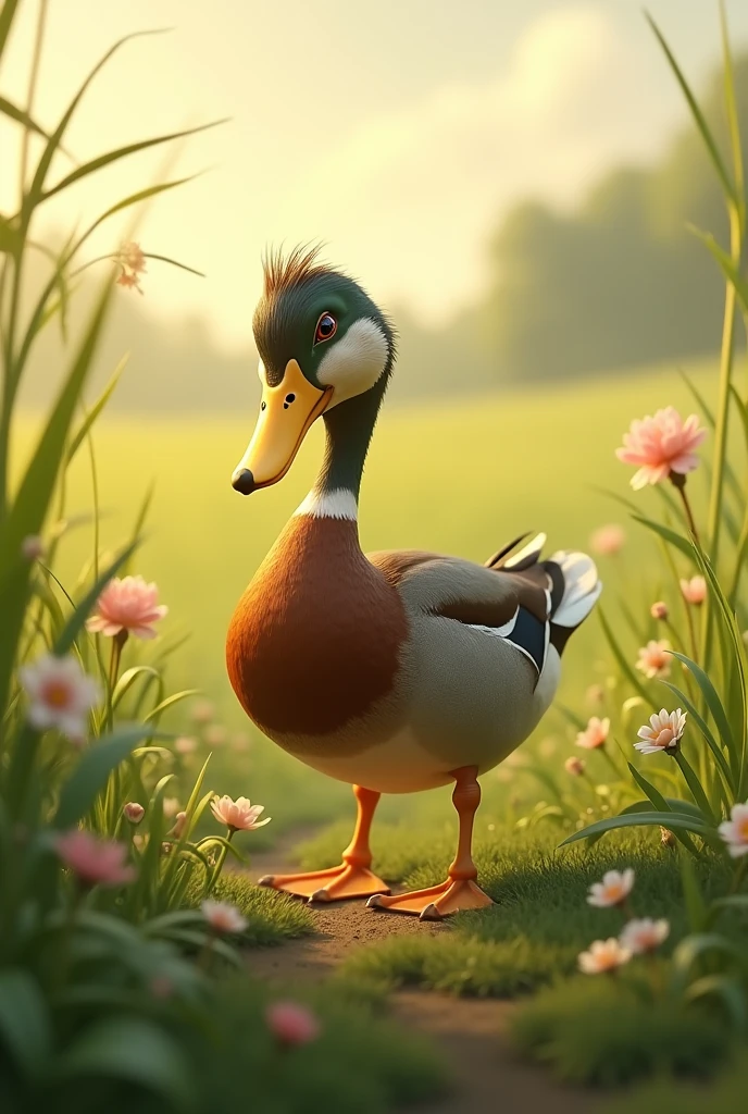 A duck in a field looking for food