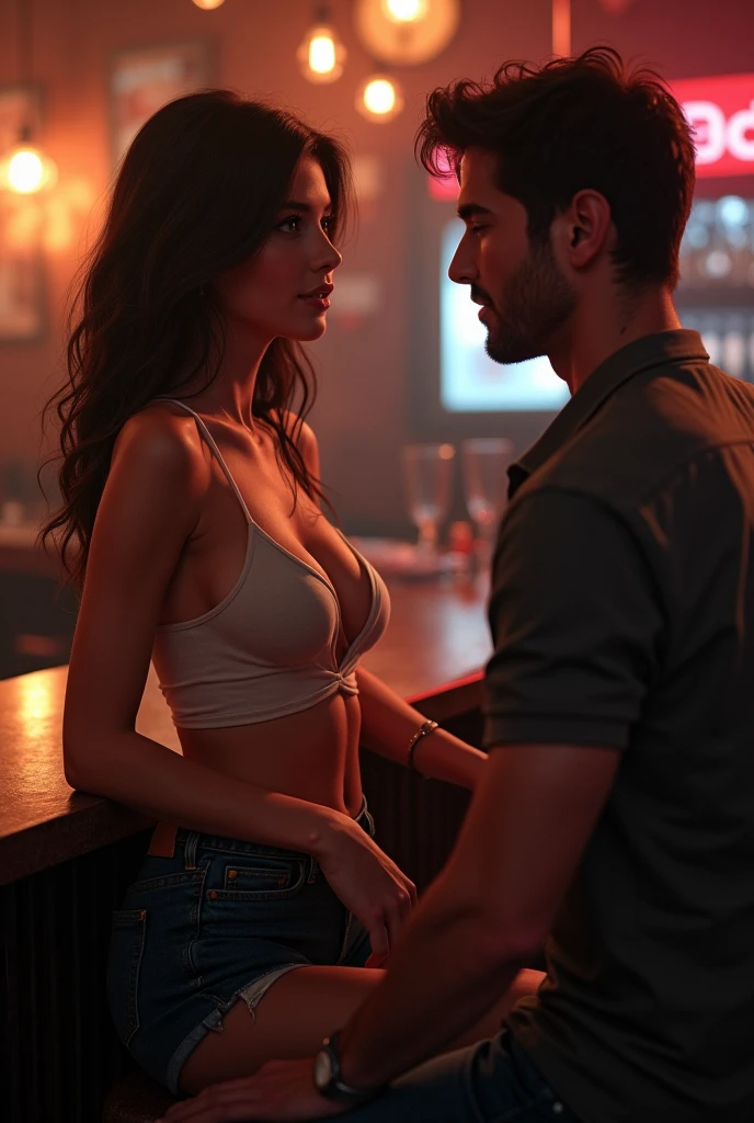Girl 2 ,brunette, caucasian wearing string T-shirt , navel free and sexy denim miniskirt sitting at the bar and chatting with 40 years old boyfriend