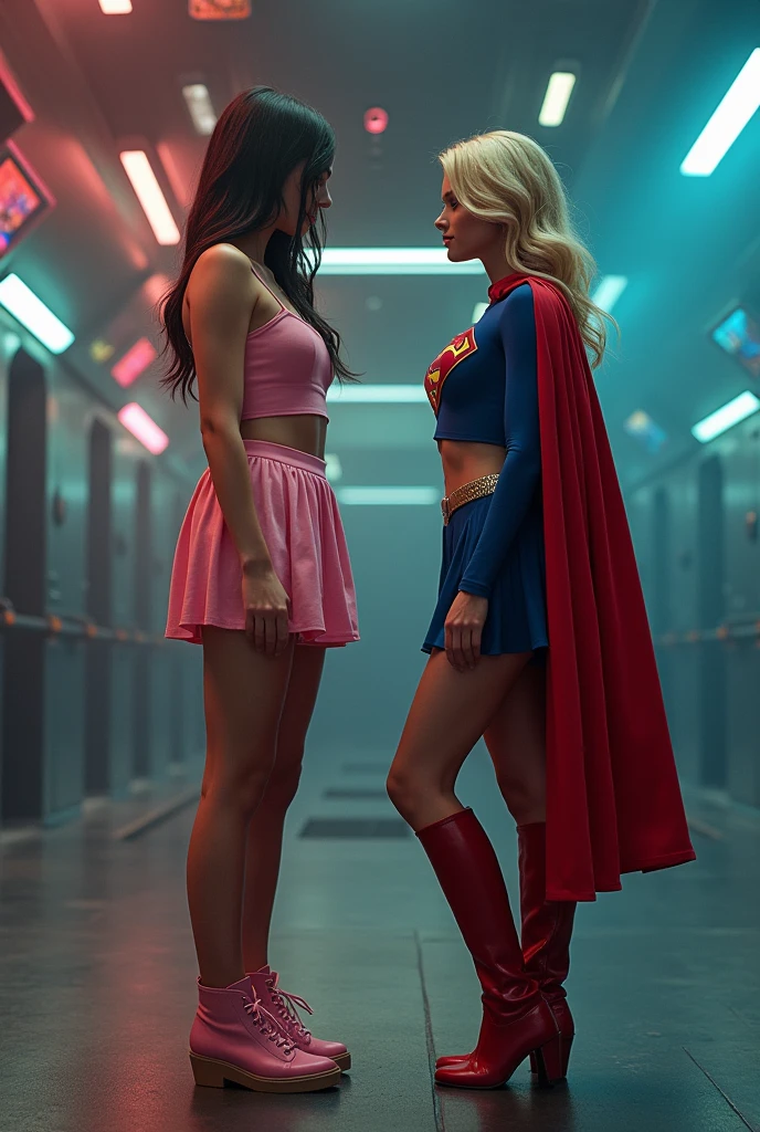 The Boss through controlling the body of the mind controlled girl through a mind control mask and wearing pink crop top and skirt uses his body switching technique to switch bodies with Super Girl, who wears her blue crop top uniform, mini skirt, red cape and boots