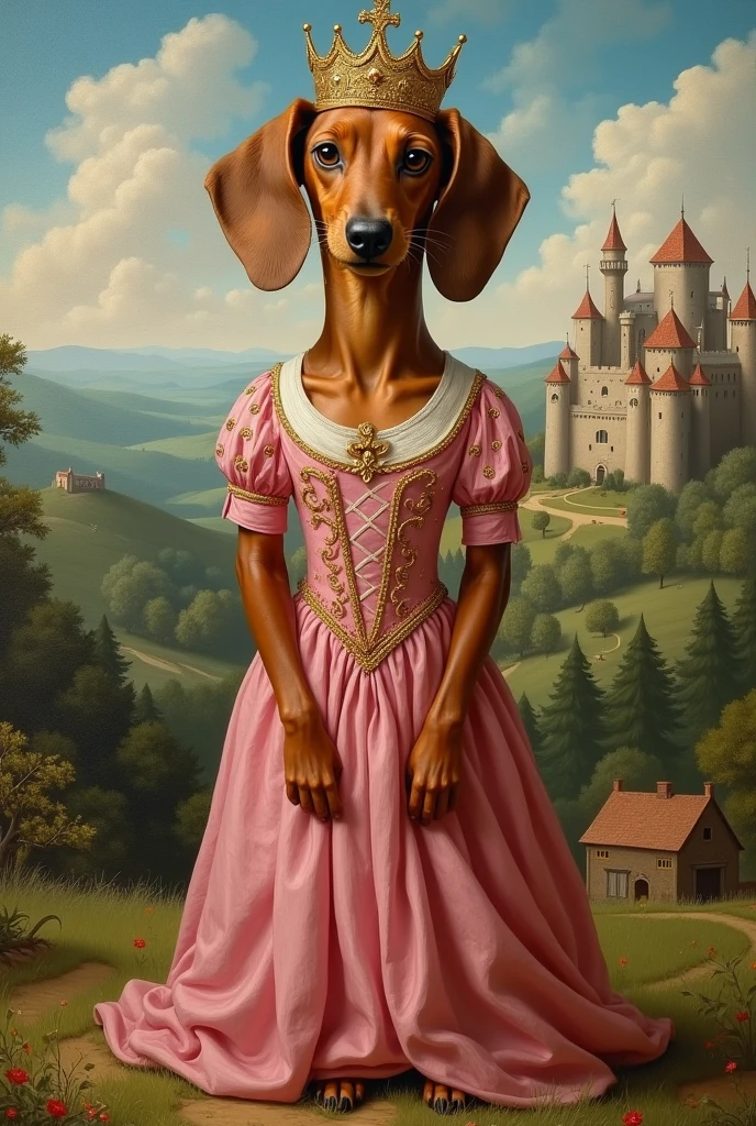 A medieval painting of a brown dachshund in a pink dress with a crown in a human body