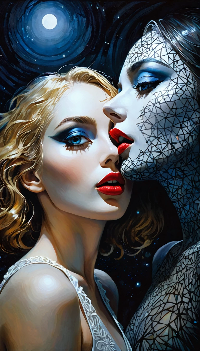1man loves 1girl, love, a man and a sexy girl, sexy dress, on the sofa in a living room looking at a magical night with stars, loving (best quality, 4k, 8k, high resolution, masterpiece: 1.2), ultra-detailed, (realistic, photorealistic, photorealistic: 1.37), intricate details, vivid colors, sharp focus, professional, artwork by Dave McKean, surreal oil touch, oil painting style, portrait, woman, beautiful detailed eyes, beautiful detailed lips, atmosphere of dreamy, shadow play, soft lighting, fun pose, dark tones, ethereal background, fantasy elements, texture, layered composition. art inspired by Bill Sienkiewicz and Dave McKean