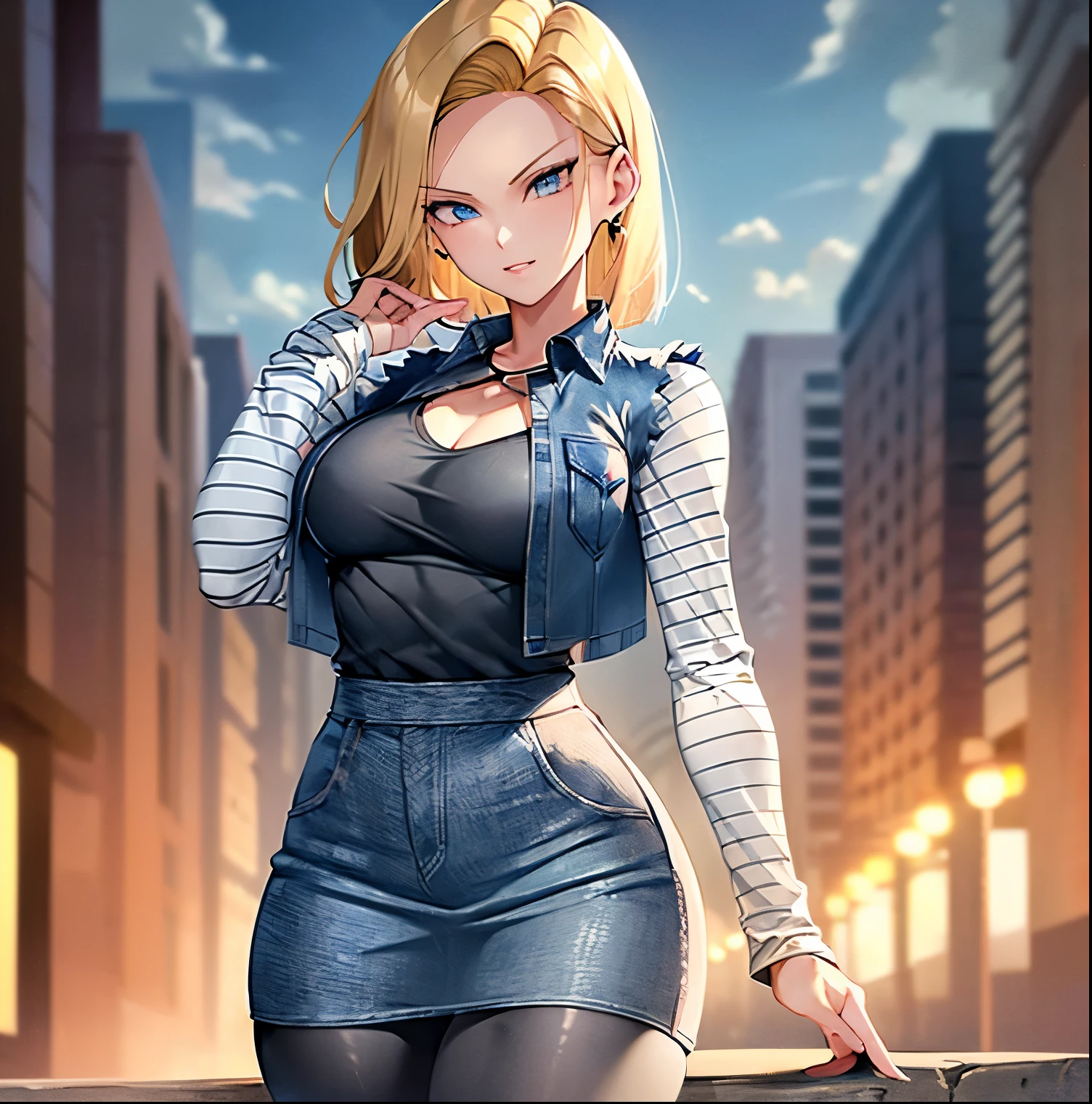 ((1girl)),((alone)), Android 18,\(dragon ball Z\),(masterpiece), (best quality), (ultra detailed), (best illustration), (best shadow), (absurdities ), sharp focus, cowboy shot, atmospheric perspective, depth of field, dynamic posture, ((looking at viewer)), big breasts, narrow waist, wide hips, wide thighs, round butt, erotic, romantic, (highly detailed eyes , lips 1.1), highly detailed eyes, eyes, Highly detailed face, Very beautiful face, Symmetrical face, Aesthetic face, perfect face, perfect eyes, detailed eyelashes: 1.5), full height, beautiful slim figure, femininity, expressive appearance, breasts big elastics, sexuality, parted lips,(( blonde hair)),((short hair:1.3)),((blue eyes)), earrings, jewelry, ((denim vest:1.4)), ((open vest) ), ((black pantyhose:1.3)), ((black shirt:1.4)),((tight shirt)), ((neckline:1.3)),((denim skirt:1.4)),((short skirt) ), ((striped long sleeves:1.4)),((white sleeves with blue stripes:1.3)),curves, defined body,Perfect and beautiful body, perfect and beautiful, closed mouth, mocking smile, serious expression,(pose sexy: 1.2), ((solo)), standing: 1.3,((outdoor, cityscape, city, streets, clouds, clear sky, night, city lights)), Looking forward, ((focus on the thighs)), point of view: (from below), perfect anatomy, perfect hands