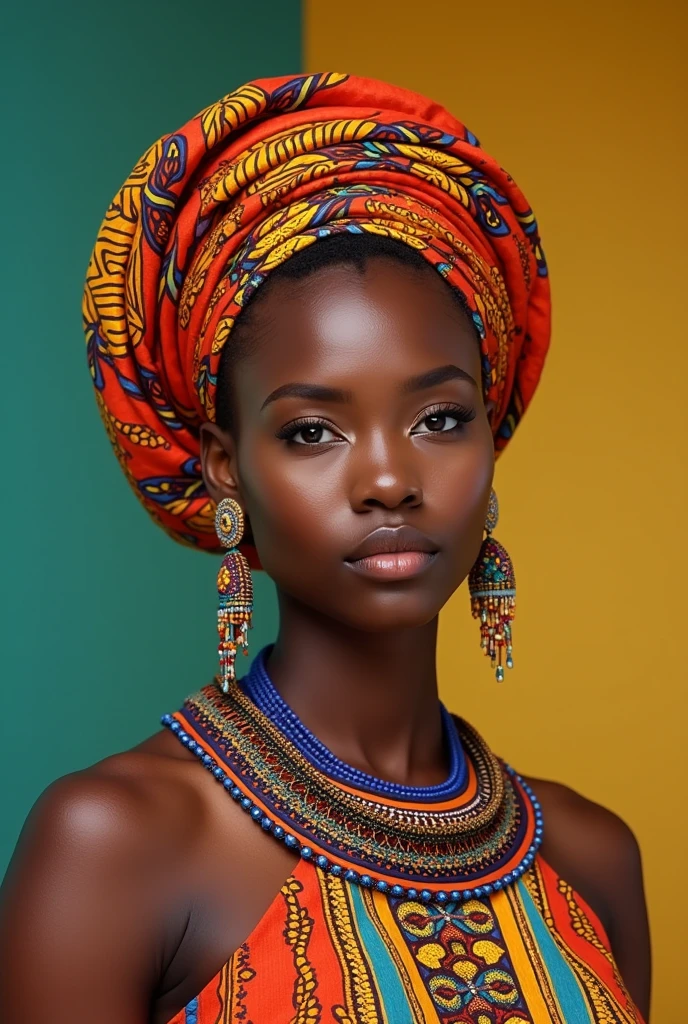 an africian americian girl 30 years of age in her africian outfit in briliant colors