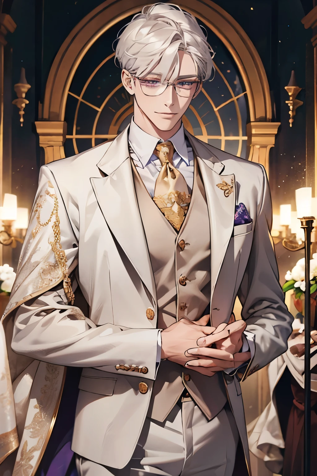 Short_silver_hair, hair_back_side, small_bangs_on the sides, 1adult_man, really_purple_eyes, beautiful_and_detailed_eyes, nice_smile, dress, white_business_suit, holding_a_silver_cane_with_gold_handle, detailed_hands, wearing_white_glasses, better_quality, HD_quality