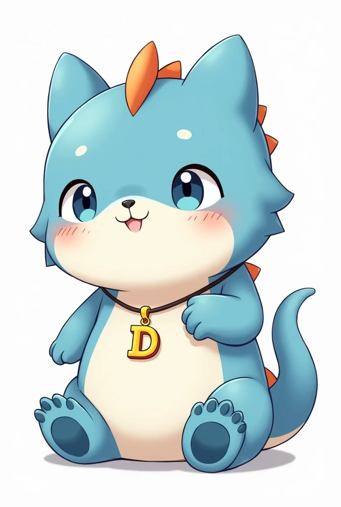 Create a cute, fat, blue and white dragon mascot sitting in an anime cartoon image. It looks like a cute cat. It is a png image without horns and has a necklace hanging from the letter D.