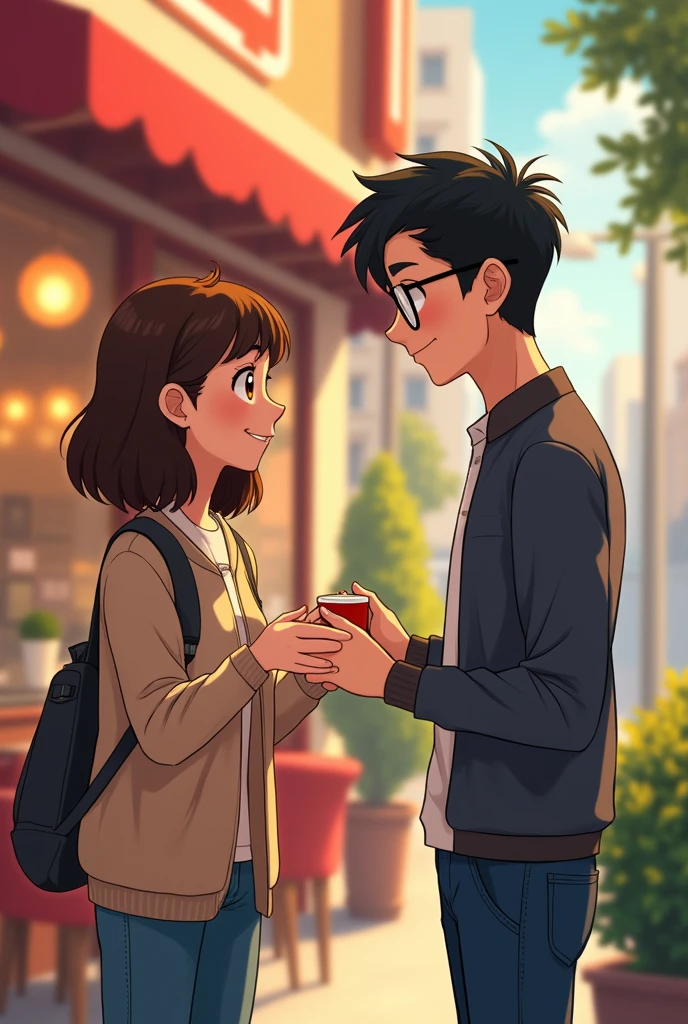 Make a 20 year old girl, short and long brown hair and a tall boy, Tez blanca, black hair and glasses happily saying goodbye outside a restaurant in 2d animation