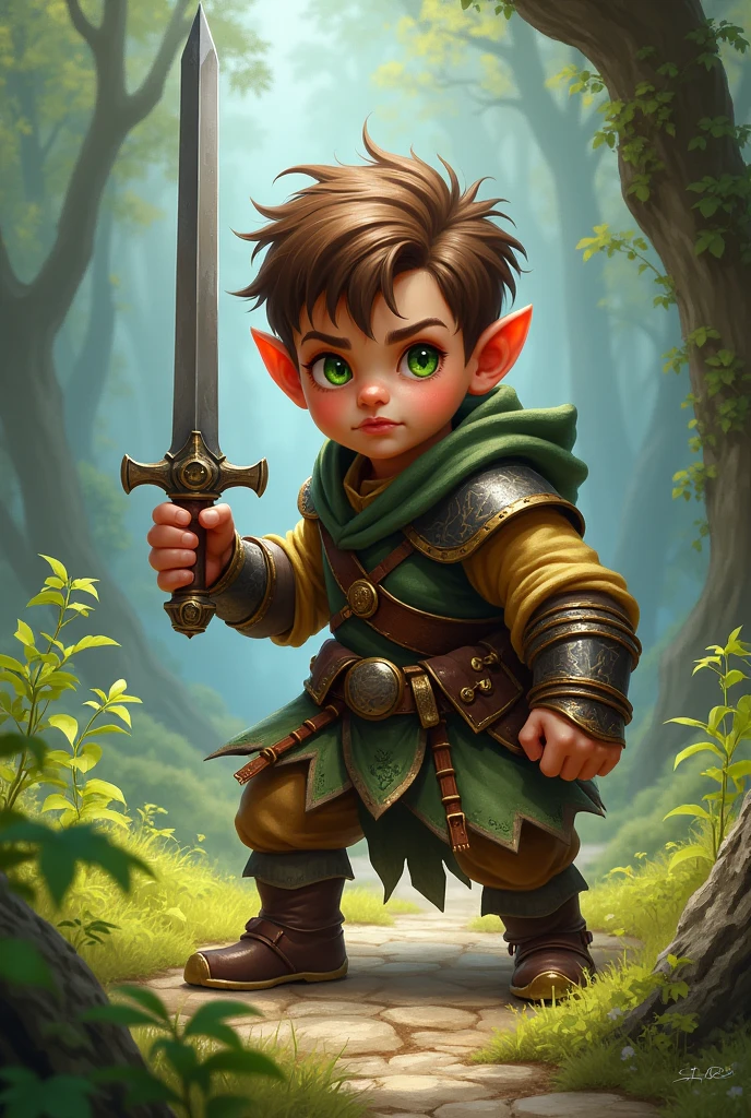 a little halfling with a sword brown hair and green eyes