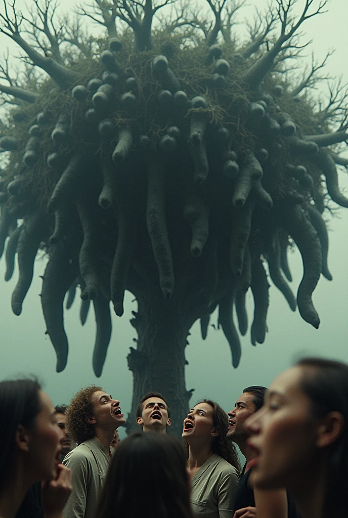 a tree, black penis fruits, people below with their mouths open, staring overhead.
