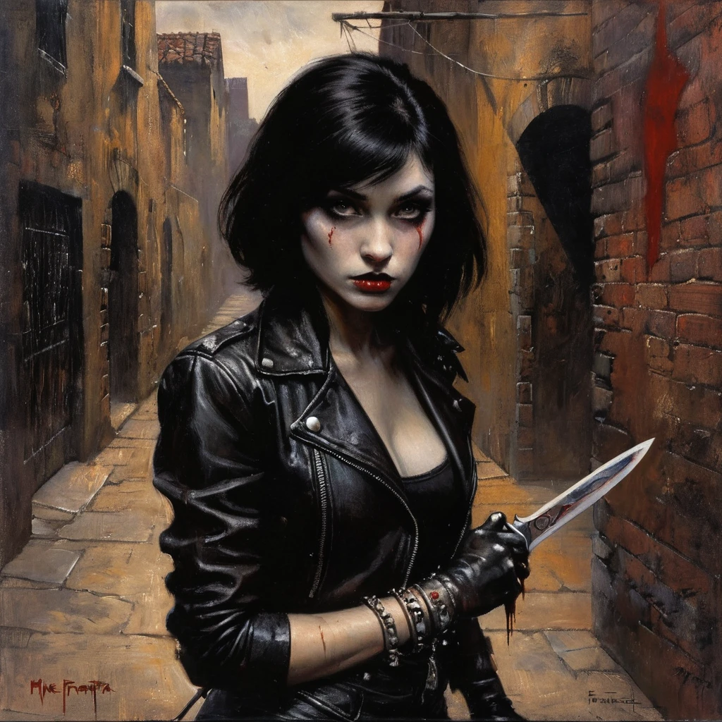 masterpiece,best quality,illustration, style of Mike Worrall and frank frazetta, high res, ((paiting)), (front view), death metal album cover featuring a beautiful 20 years old girl, she is waiting for viewer in a dark alley with wicked intent, ((looking at viewer)), wearing a black leather jacket and spiked bracelet, ((holding a bloodied knife)), (blood on her hands) . ((night)), ((in a dark alley)), dark color palette, perfect anatomy