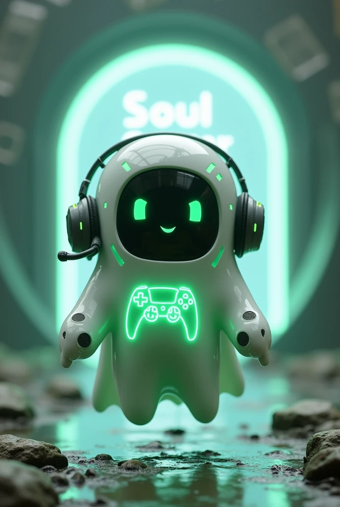 Create a medium-sized robot pet with a ghost-like appearance. With slightly rounded shapes resembling a drop. On your hands you have well defined fingers. His facial expression has large, green eyes with a glow, conveying a friendly and cheerful expression. He has a small open mouth with a happy smile and flushed cheeks.. Its body is white with small green details and a smooth, slightly shiny texture.. He has a headset on his head with an adjustable microphone positioned close to his mouth.. And on his chest you can see the illuminated shape of a Playstation 5 controller in fluorescent green.. It floats in the air, as if he were ready for an adventure. Behind the character you can see a portal and on it is written "Soul Gamer"