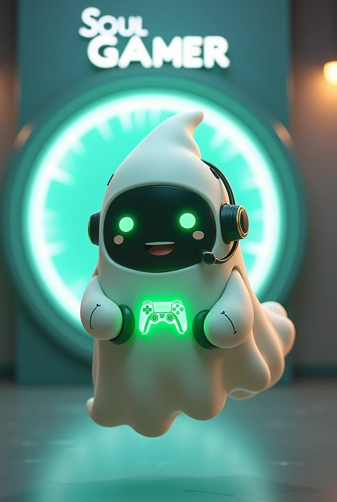 Create a medium-sized robot pet with a ghost-like appearance. With slightly rounded shapes resembling a drop. On your hands you have well defined fingers. His facial expression has large, green eyes with a glow, conveying a friendly and cheerful expression. He has a small open mouth with a happy smile and flushed cheeks.. Its body is white with small green details and a smooth, slightly shiny texture.. He has a headset on his head with an adjustable microphone positioned close to his mouth.. And on his chest you can see the illuminated shape of a Playstation 5 controller in fluorescent green.. It floats in the air, as if he were ready for an adventure. Behind the character you can see a portal and on it is written "Soul Gamer"