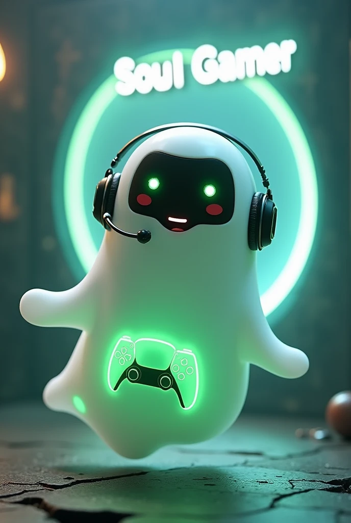 Create a medium-sized robot pet with a ghost-like appearance. With slightly rounded shapes resembling a drop. On your hands you have well defined fingers. His facial expression has large, green eyes with a glow, conveying a friendly and cheerful expression. He has a small open mouth with a happy smile and flushed cheeks.. Its body is white with small green details and a smooth, slightly shiny texture.. He has a headset on his head with an adjustable microphone positioned close to his mouth.. And on his chest you can see the illuminated shape of a Playstation 5 controller in fluorescent green.. It floats in the air, as if he were ready for an adventure. Behind the character you can see a portal and on it is written "Soul Gamer"