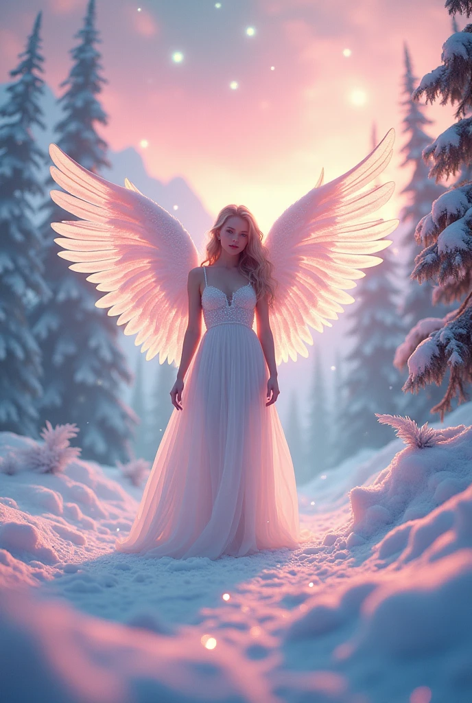 Sexy female angel in white、(Fluorescent Color:1.4)、(translucent:1.4)、(Retro filter:1.4)、(fantasy:1.4)、Candy world Disneyland Fantasy fluffy soft scenery forest snow avatar Pastel pink sky green blue glow Dreamy light Pastel soft glow Rainbow stars Diamond glitter Gemstone background Ultra realistic ultra high quality movie lighting Huge details Full HD Full light、