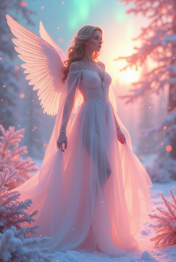 Sexy female angel in white、(Fluorescent Color:1.4)、(translucent:1.4)、(Retro filter:1.4)、(fantasy:1.4)、Candy world Disneyland Fantasy fluffy soft scenery forest snow avatar Pastel pink sky green blue glow Dreamy light Pastel soft glow Rainbow stars Diamond glitter Gemstone background Ultra realistic ultra high quality movie lighting Huge details Full HD Full light、