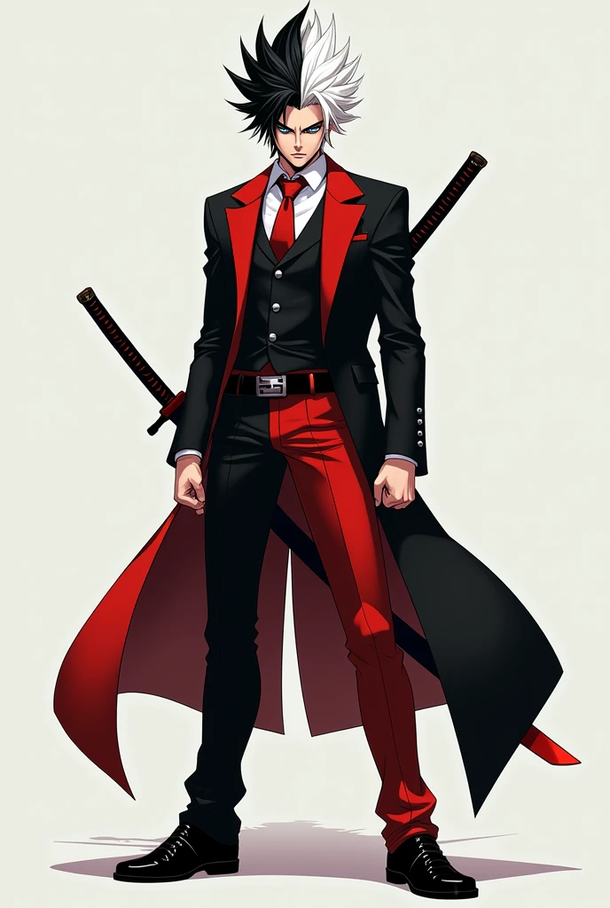 A Man with Black and White Spiky Hair, with a red and black suit, a pair of black and red dress pants, A katana with a black blade, with black dress shoes, blue colored eyes, angry facial expression