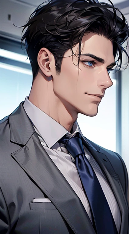 (Highest quality,4K,8K,High resolution,masterpiece:1.2),Super detailed,(Realistic,photoRealistic,photo-Realistic:1.37),1 personld,Mature Man,Beautiful skin、Profile、very handsome,Expressionless,smile,Short gray black hair,blue eyes,Sharp Eyes,A perfect face without a doubt,Businessman,Office Background,Cinema Lighting,HDR image,tie、