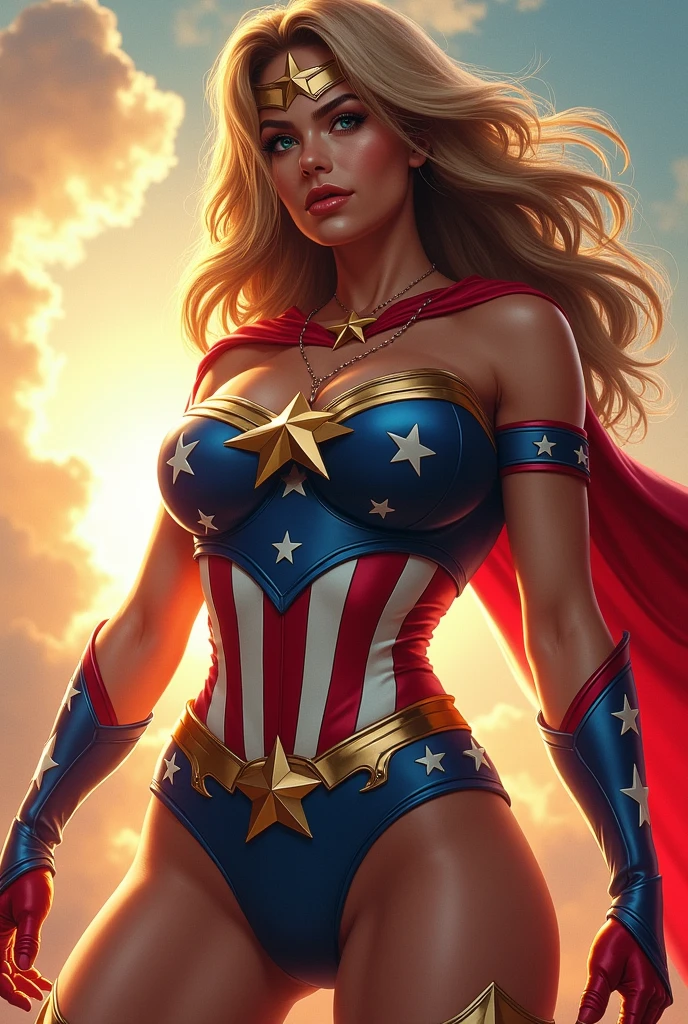 Sexy woman with big breasts resembling Wonder Woman